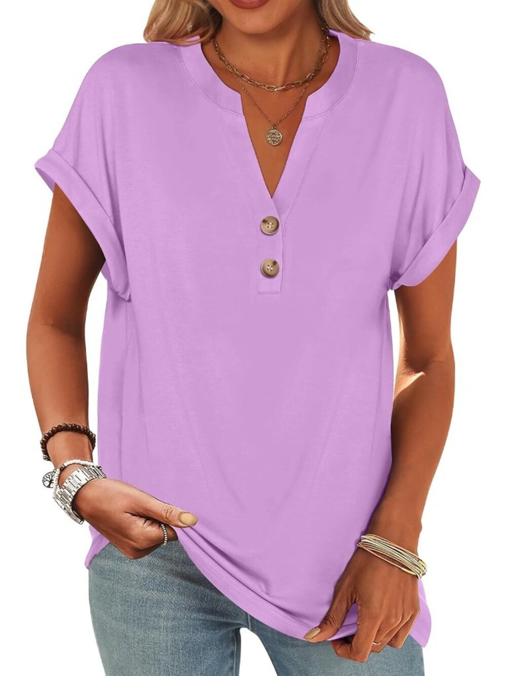 Women's Purple Summer Short Sleeves Henley V Neck Comfortable Trendy Tee Shirts